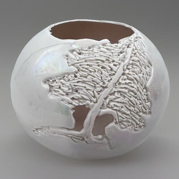 Tim & Erika Peters Carved Tree Round Porcelain Candle Holder Iridescent Glaze - Picture 1 of 7